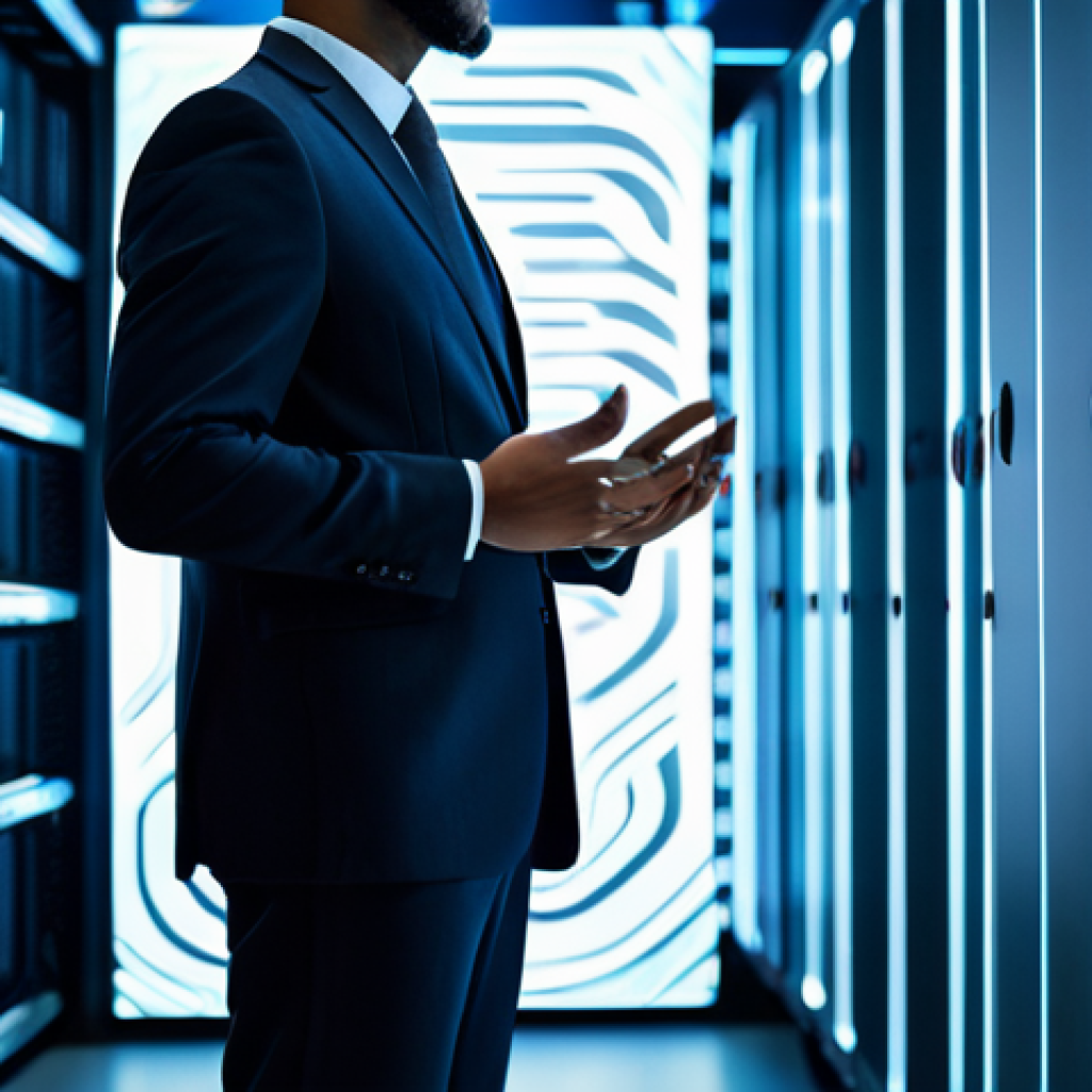 A professional individual, fully clothed in a modest, dark business suit, stands confidently within a visually complex digital environment. Abstract glowing lines and geometric shapes representing intricate data flows surround them, symbolizing the legal and technical challenges of cloud data protection. In the background, subtly blurred server racks and holographic projections of data streams create a sense of advanced technology and security. The scene is well-lit with cool blue and white tones, emphasizing professionalism and clarity. The subject has perfect anatomy, correct proportions, well-formed hands, and a natural pose. Professional photography, high quality, appropriate content, safe for work, family-friendly.