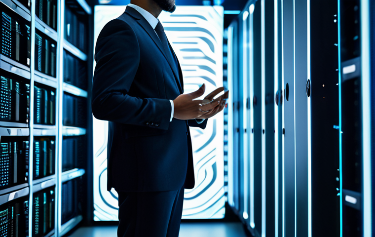 A professional individual, fully clothed in a modest, dark business suit, stands confidently within a visually complex digital environment. Abstract glowing lines and geometric shapes representing intricate data flows surround them, symbolizing the legal and technical challenges of cloud data protection. In the background, subtly blurred server racks and holographic projections of data streams create a sense of advanced technology and security. The scene is well-lit with cool blue and white tones, emphasizing professionalism and clarity. The subject has perfect anatomy, correct proportions, well-formed hands, and a natural pose. Professional photography, high quality, appropriate content, safe for work, family-friendly.