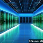 Home 19 클라우드 서비스의 데이터 전송 보안 - A modern cloud data center interior with high-tech servers and glowing fiber optic cables, emphasizi...