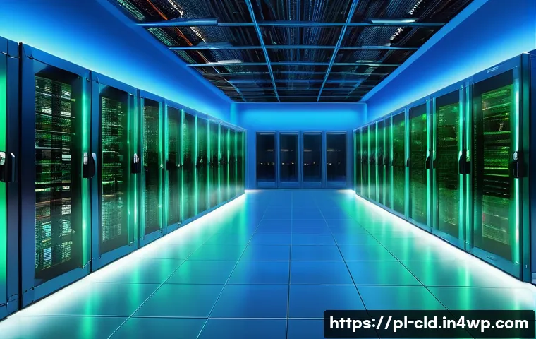 클라우드 서비스의 데이터 전송 보안 - A modern cloud data center interior with high-tech servers and glowing fiber optic cables, emphasizi...
