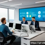 Home 18 클라우드 기반 솔루션의 시장 전망 - A modern Polish office environment with diverse IT professionals collaborating around multiple large...