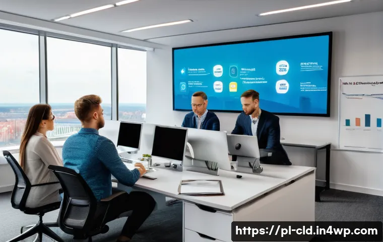 클라우드 기반 솔루션의 시장 전망 - A modern Polish office environment with diverse IT professionals collaborating around multiple large...