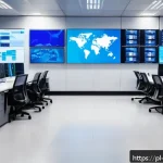 Home 17 클라우드 서비스 비용 절감 전략 - A modern cloud computing operations center with multiple large digital screens displaying real-time ...