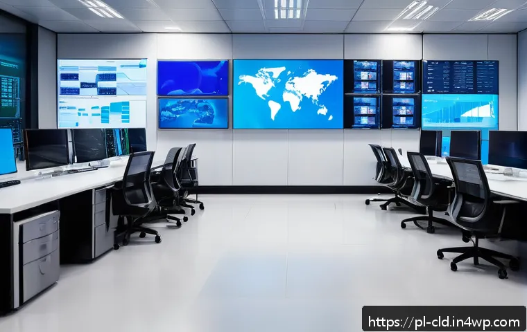 클라우드 서비스 비용 절감 전략 - A modern cloud computing operations center with multiple large digital screens displaying real-time ...