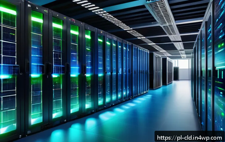클라우드 서비스 공급업체 선정 기준 - A modern data center interior showcasing energy-efficient green technologies with racks of servers e...
