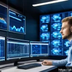 Home 21 클라우드 서비스의 성능 최적화 기법 - A modern cloud computing control room with multiple large transparent screens displaying real-time C...