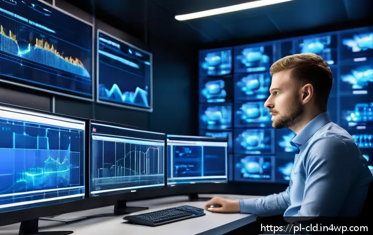 클라우드 서비스의 성능 최적화 기법 - A modern cloud computing control room with multiple large transparent screens displaying real-time C...