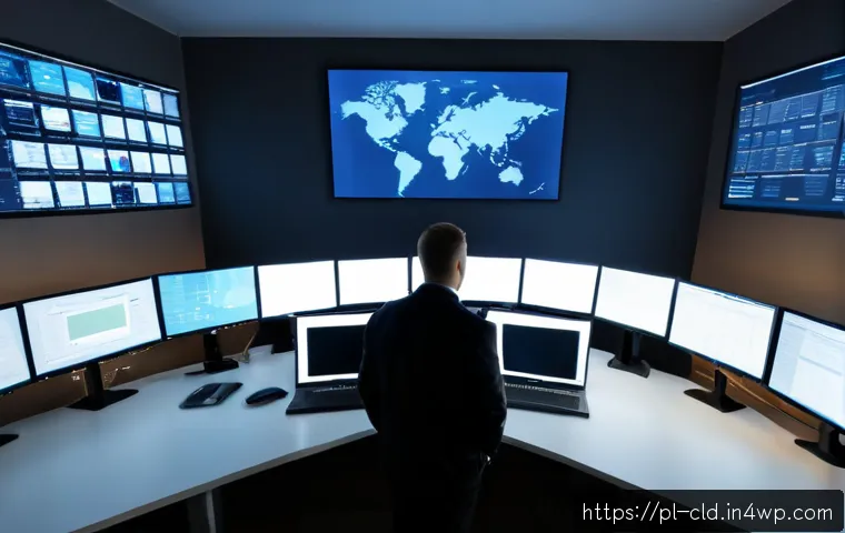 클라우드 서비스 보안 강화 전략 - Photorealistic modern cybersecurity operations room in Warsaw, Poland, diverse IT security team revi...